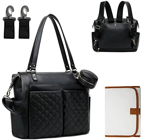 GITIBAB Wickeltaschen Baby Wickeltaschen mit Matte & Isolierte Taschen, Babytasche für Mama und Papa, Leder Wickeltaschen für Frauen, Schwarz, Large