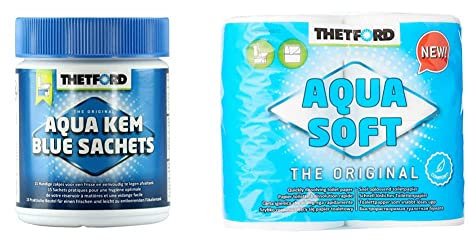 Thetford 301/203 Aqua Kem Blue Sachets, 15 x 25 g & Aqua Soft WC Papier Toilettenpapier, 4 Rollen/Btl. für mobile Toiletten, frischer Duft, Camping Toiletries, mobile_toilet_accessories