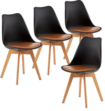 H.J WeDoo 4 Stück Esszimmerstühle, skandinavisch, Klassische Küchenstühle mit Kissen aus Leder, Braun & Massivholz, Schwarz & Braun