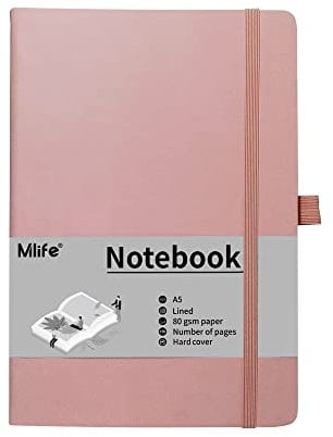 Mlife A5 Journal Notizbuch, 192 Seiten, Hardcover mit elastischem Verschlussband und Falttasche(Rosa)