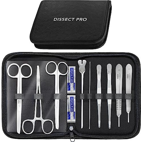 AIESI® Set per dissezione anatomica con 9 strumenti in acciaio inox e custodia con cerniera DISSECT PRO, Kit strumentario, Garanzia Italia 24 mesi
