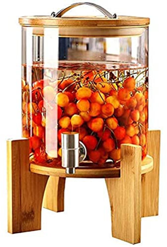 HSRG Drinks Dispenser with Tap and Wooden Stand, Juice Bottle Glass Drink or Water Dispenser, Vintage Design Stainless Steel Faucet + Bamboo Base, Grape Wine Bottle, For Cold Beverages, Ice Water
