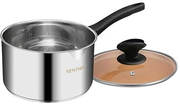 VENTION Edelstahl Stielkasserolle Induktion, Kochtopf Klein mit Deckel 18 cm, 2 Liter Stieltopf mit Ausgießer