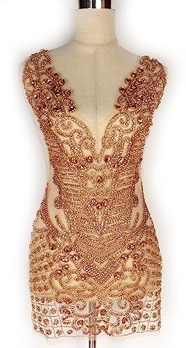 Labellezalady Luxry Champgane/Rose Gold Strass Miederapplikation, handgefertigt, mit Perlen, V-Ausschnitt, Applikation für Hochzeit, Ballkleid, 41,9 x 74,9 cm