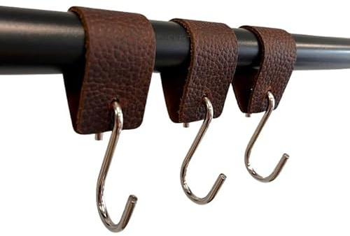 RSR Hangers - Kleiderhaken - Leder - Braun - 3 Stück - S Haken - Fleischerhaken - Kleiderstange - Garderobenstange - Garderobenhaken - Lederhaken