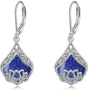 POPLYKE Lotus Blume Ohrringe Dangle 925 Sterling Silber Lapis Lazuli Ohrringe für Damen Lotus Schmuck Geschenke Dezember Geburtsstein