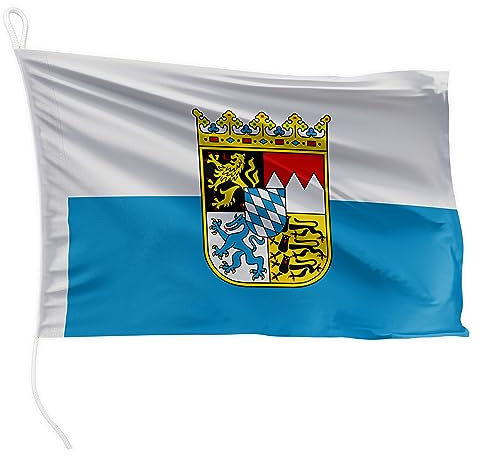 FLAGLY Premium Bootsfahne Bayern-Streifen mit Wappen 20 x 30 cm - 115g/m² Stoffgewicht - gedruckt, robust mit Strick & Schlaufe, Bootszubehör Motorboot (20 x 30 cm - Bayern-Streifen mit Wappen)