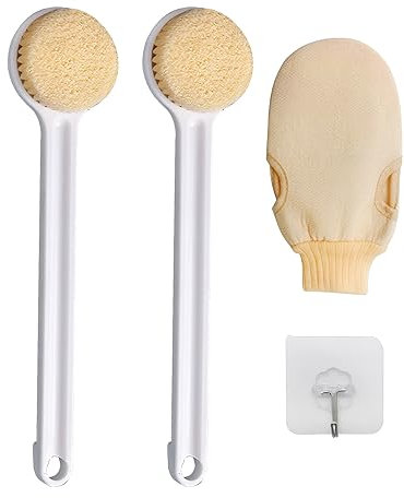 FRXAEZTG Rückenbürste Badebürste, 2er Set Duschbürste Rückenschrubber mit Langem Stiel und Peelinghandschuh Körperpeeling Körperbürste Trockenbürste Dusch Peelingbürste für Männer & Frauen
