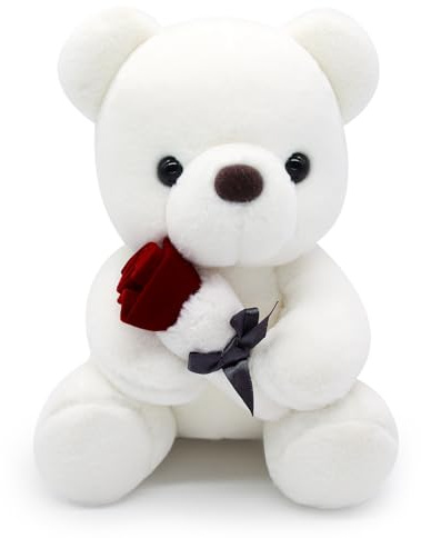 MUFEIRUO Teddybär Kuscheltier Stofftier, Weiß Teddybär mit Rose, Valentinstag Spielzeug Stofftier Plüschtier Plüschbär Kuschelbär, Kinder Mädchen
