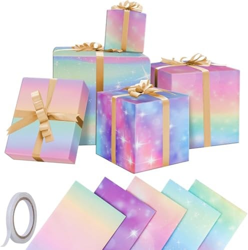GAOHUI Wrapping Paper, 5 Pcs Rainbow Gradient Colour Gift Birthday Wrapping Paper, Gift Wrap Perfect for Mothers Day, Valentine Day, Party, Birthday for Women and Girls, with Tape(70cm X 50cm)