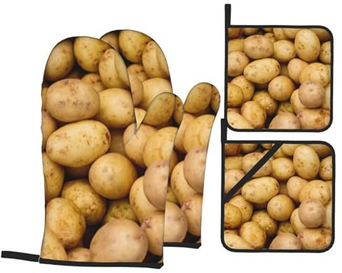 Garden Potatoes Printed Oven Mitts And Pot Holders Set - 4pcs - Heat Resistant Waterproof Oven Gloves For Baking, Cooking, Bbq Grilling