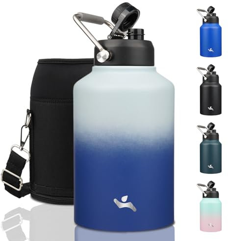 1 Gallon Jug with Handle,128oz Insulated Water Bottle with Carrying Pouch, Double Wall Vacuum Stainless Steel Metal Bottle,Sky