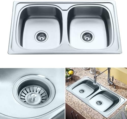 ARA CHOICE Equal Twin Bowls Stainless Steel Reversible Large Double Square Kitchen Sink Catering & Waste Plumbing Kit with Drainer & Inset Wastes Set