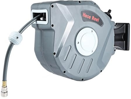Holdfiturn Air Hose Reel 3/8 Inch 20M Retractable Air Line Reel Auto Rewind with Air Line Hose and Handle Reel Compressor Wall Mounted Hose Reel for Air Compressor Grey (Grey)