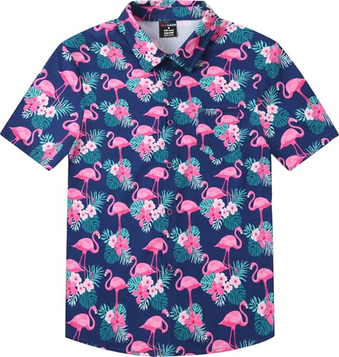 MOMBEBE COSLAND Hawaii Hemd Kinder Flamingo Knopf Kurzarm Hawaiihemd, Blau, 5-6 Jahre, XS, 110-116