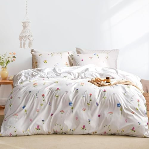 Freyamy Blumen Bettwäsche 135x200cm 4teilig Weiß Bunt Floral Mädchen Bettwaren-Sets 100% Microfaser Blumenmuster Bettbezug 2 Bettdeckenbezüge mit Reißverschluss und 2 Kissenbezug 80x80cm