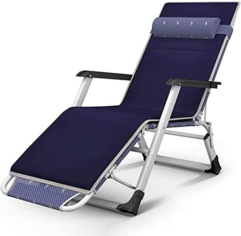 Klappbarer Liegestuhl für den Außenbereich, zusammenklappbare Sonnenliege, Gartenliege mit Kissen und verstellbarer Kopfstütze – Blau + dickes schwarzes Polster – Teslin-Blau und Weiß + Wattepad To