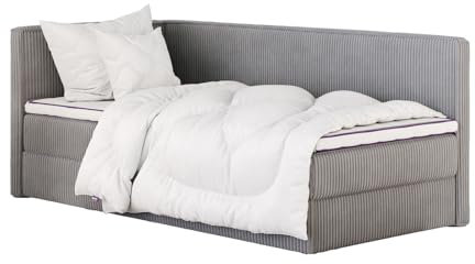 mybed. Boxspringbett Einzelbett Mitto Conti Twin Linke Seite Polsterbett mit Bettkasten Grau 7-Zonen Taschenmatratze H3 120x200 und Topper Jugendbett Kinderbett