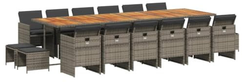 vidaXL Garten Essgruppe 17-TLG., Gartenmöbel Set mit Kissen, Gartengarnitur Tisch 12 Stühle 4 Hocker, Sitzgruppe Sitzgarnitur, Grau Poly Rattan