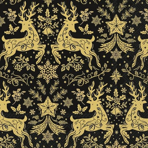 20 Servietten Weihnachten Goldene Hirsche edel auf schwarz als Tischdeko. Papierservietten mit Motiv. Auch für Decoupage und Serviettentechnik 33x33cm