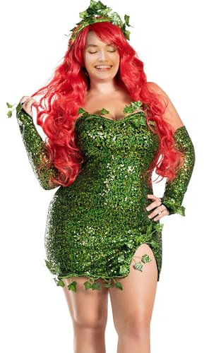 Disfraz de hiedra venenosa de Halloween para mujer, sin mangas, vestido de lentejuelas con hojas falsas y guantes (verde, XL)