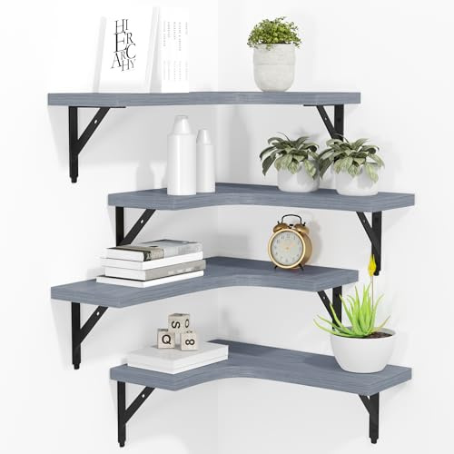 ROMGUAR CRAFT Corner Floating Shelves Wall Mounted Set of 4, Grey | Rustic Wood Storage Display Wall Shelf for Home Decor, Bathroom, Kitchen, Bedroom, Living Room, Office