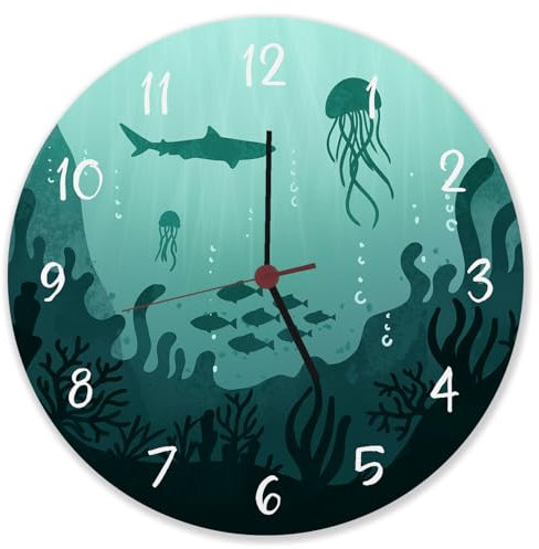 Unterwasserwelt Wanduhr aus Alu Uhr mit Fischen Korallen Hai Qualle für Taucher und Meeresbiologen oder Urlauber, die gerne im Meer Schnorcheln