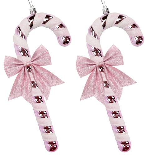2Pcs Large Candy Cane Baubles with 2Pcs Glitter Bows,Shiny & Glitter Decorated Ornaments for Christmas Decorations,26x10cm (Pink)