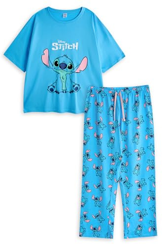 Disney Lilo & Stitch Damen Pyjama-Set | Kurzarmoberteil mit Stichgrafik für Erwachsene und Pyjamahose mit langem Bein in Blau | Damen-Nachtwäsche mit Charakter-Allover-Print