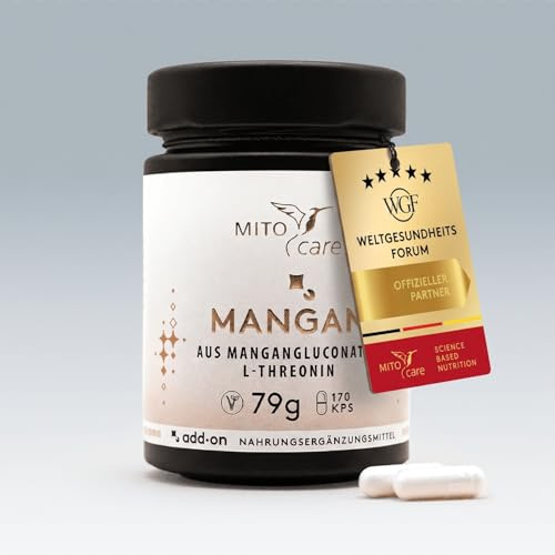 MITOcare Mangan - hochdosiert - 3mg Mangan pro Kapsel + L-Threonin - Komplex unterstützt das Bindegewebe - vegan - 4 Monatspackung mit 120 Kapseln - Produziert in Deutschland