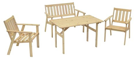 Gartengarnitur Gartenset Sylt 4-teilig (2X Sessel, 1x Bank 2-sitzer, 1x Tisch), Kiefer massiv, unbehandelt, Outdoor