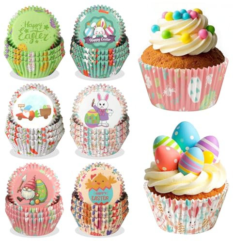 300PCS Easter Cupcake Liners Kit, Kalolary 6 Styles Easter Paper Baking Cups Bunny Chick Egg Muffin Liners Gnome Rabbit Carrot Easter Cupcake Wrappers for Baking Easter Party Cake Decorations