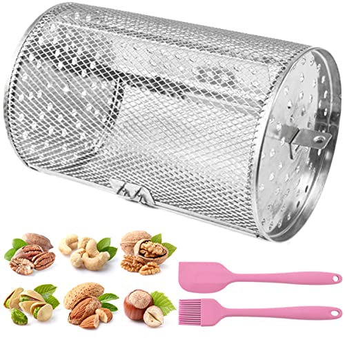 Cesta de asador giratorio de 360 ° de acero inoxidable, jaula, con espátula, puerta móvil, asador, asador, barbacoa, asador, tambor de aire, cesta para barbacoa, 12 × 18 cm BOBASH