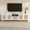 HAINEW TV Schrank TV Lowboard mit 4 Türen und 1 Schublade, Moderner 180cm TV Tisch Fernsehtisch Fernsehschrank mit 1 Offene Fächer und Runde Beine, Holzfarbe+Weiß, Abgerundeten Ecken Design