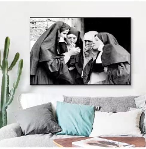 XINBAO Smoking Nuns Prints Vintage Photo Black and White Poster Cigarette Funny Wall Art Canvas Painting Picture Decor 70x100cm Frameless
