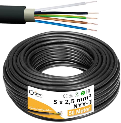 NYY-J - Cavo elettrico da 5 x 2,5 mm², 50 m, lunghezza in un unico pezzo, per la posa in terra ed esterni, in rame a filo DIN VDE 0276, parte 603/627, produttore tedesco