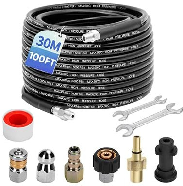Pressure Washer Hose 30M, 5800 PSI Sewer Jetter Kit for Pressure Washer, 100FT Drain Cleaning Hose with 1/4 Quick Connect Adapter, 2 Jet Nozzles, Compatible with Karcher K2 K3 K4 K5 K6 K7 & Bosch