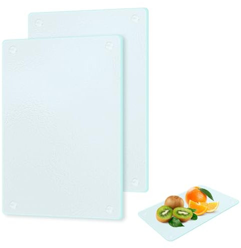 Tabla de cortar de cristal, 2 unidades, tabla de cortar de cristal con pies de silicona antideslizantes, tabla de cortar de vidrio templado para cocinar, hornear, preparar verduras en la cocina (28 x