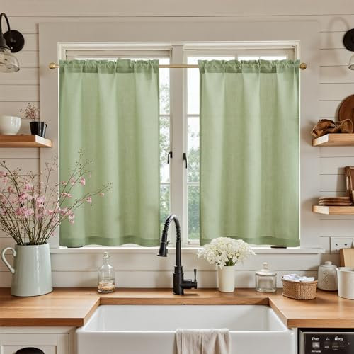 Vangao Scheibengardinen Modern Küche Grün Gardinen Kurz leinenoptik Bistrogardine 2er Set 65Bx90Hcm mit Stangendurchzug Landhausstil Halbtransparente Vorhänge Kurz Küchengardinen für Wohnwagen