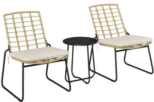 Outsunny Rattan Gartenmöbel Set, Balkonmöbel Set für 2 Personen 3-teilig Outdoor Sitzgruppe mit 2 stapelbar Stühle, Tisch Kissen wetterfest Garten Lounge für Terrasse Balkon, Beige & Braun