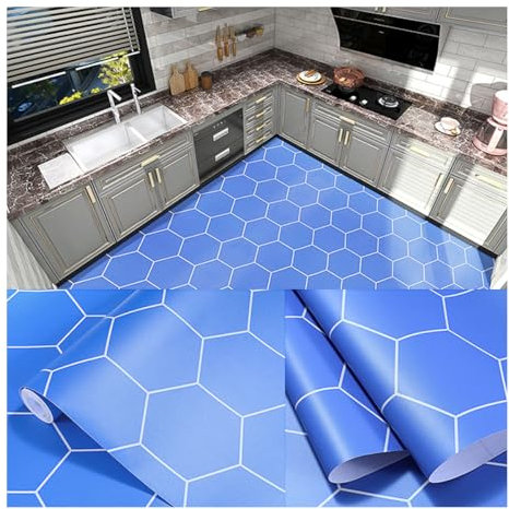 Hexagon Blue Peel and Stick Vinyl Flooring Roll 60cm x 5m - Non-Slip PVC Tile Effect for Bathroom, Kitchen, Living Room - Easy Installation, Durable, Waterproof Flooring Solution