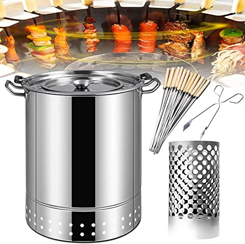 ZOLPINL Smoker-Holzkohlefass-BBQ-Grill, vertikaler Hängegrillofen, Edelstahl-BBQ-Grill-Netzfass mit 50 Spießen, rollbarem Grillkorb, Camping-Grillgestell fürs Camping
