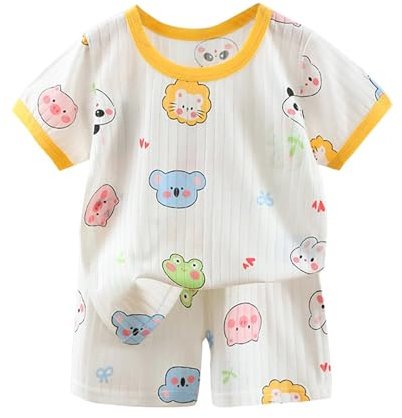 Pigiama estivo per bambini a maniche corte, in cotone, con stampa di simpatici animali, con maglietta e pantaloncini, per neonati, morbido, a girocollo, colore giallo, 18-24 mesi