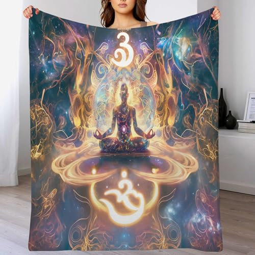 Flauschig Decke Kosmisches Yoga Kuscheldecke Meditationsthema Fleecedecke Warm Sofaüberwurf Decke Couchdecke Tagesdecke für Bett Schlafzimmer Büro, Blau-150x200cm