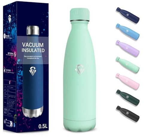 Gourde, 500 ml Sans BPA, Gourde Isotherme, Isolation Sous Vide à Double Paroi, Bouteille Isotherme, 304 Acier Inoxydable, Gourde Acier Inoxydable pour École, Voyage, Marcher, Jogging - Bleu-vert