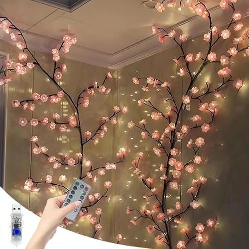 HoldOneLight 1.6M LED 1 PCS Kirschblütenzweig Lichter, 72LEDs Reben Girlande mit Fernbedienung & 8 Beleuchtungsmodi, Indoor Wanddekoration für Schlafzimmer, Hochzeit, Weihnachten (Kirschblüte 72)
