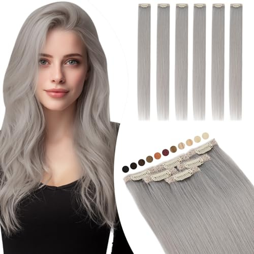 Elailite Clip in Extensions Echthaar Grau Silk Lace in Tressen 6Stücke Haarverlängerung Clip Unsichtbar 31g 25cm für Volumen/Meches # Lightgray