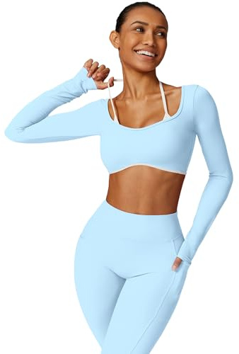 ABOCIW Long Sleeve Workout Tops for Women with Built in Bra Halter Open Back Croped Gym Top Yoga Athletic Shirts, Light Blue, XS