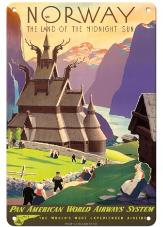 Blech-Schild Norwegen, Das Land Der Mitternachtssonne, Stabkirche, Pan American World Airways System Exquisit Und Schön Metall-Poster Retro Metallschild Für Wandkunst Bauernhaus 20X30Cm