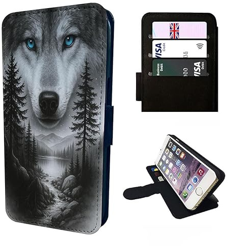 Wolf Blue Eyes Wallet Phone Case Flip Cover Compatible with iPhone SE X XR 11 12 13 14 15 16 16E 17 Air Plus Mini Pro Max – Faux Leather Wolf Print, Wildlife Lover Gift Nature